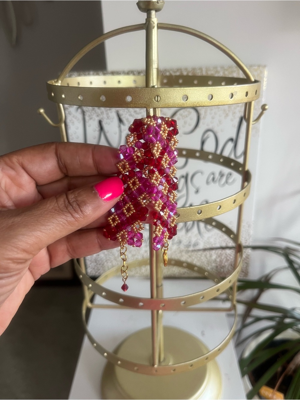 Gold-Tone Pink and Red Beaded Bracelet